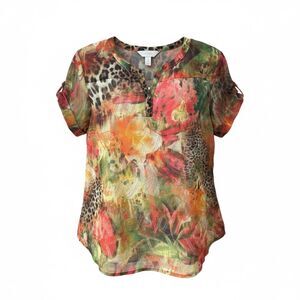Chico’s Vibrant Tropical Safari Print Women's Mixed Media Top, Size 3/XL